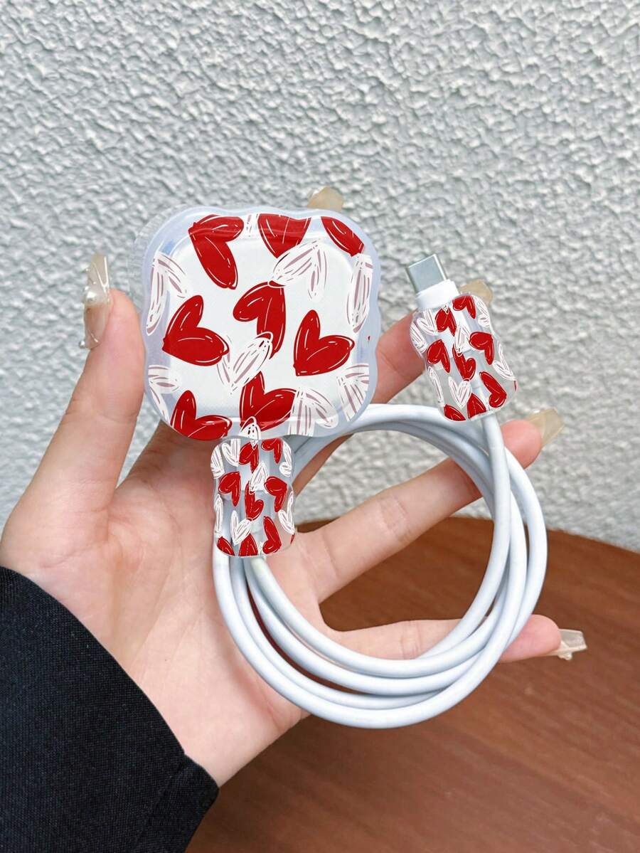 3pcs Set Wavy Pattern Charger Cable Protector UV Painted Red Heart Design Compatible With UK Standard Apple 20W Fast Charger, Prevents Cable Damage - Multicolor - View 1