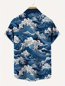 Men'S Casual Short-Sleeve Hawaiian Shirt With Wave Print, Perfect For Summer Vacations, Men'S Top, A Great Gift For Men Plus Size - 藍色 - 查看 2