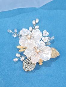 KOVLYNE 1Pc White Shell Flower Pearl Rhinestone Hair Clip - Gold Filigree Leaf Alligator Barrette, Styling Supplies For Wedding, Bridal & Formal Photoshoot ﻿ - Gold - View 4