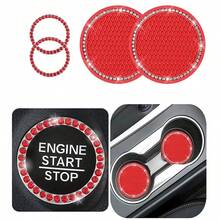 4pcs Car Interior Accessories, Car Ignition Ring Decorative Ring, Rhinestone Inlaid Car Cup Holder Mat, Car Interior Supplies For Women, Non-Slip Waterproof Car Cup Holder Mat, Rhinestone One-Touch Start Decorative Ring (Large Rhinestone Style) - A - View 4