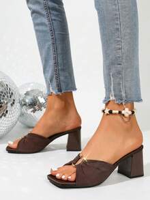Zapatos sin cordones para mujer, estilo vintage encantador, casual de verano con tacón grueso, combínalos con pantalones de traje para mostrar un estilo profesional, adecuados para uso en la oficina, presentando un encanto romántico y dulce - Marrón - Ver 5