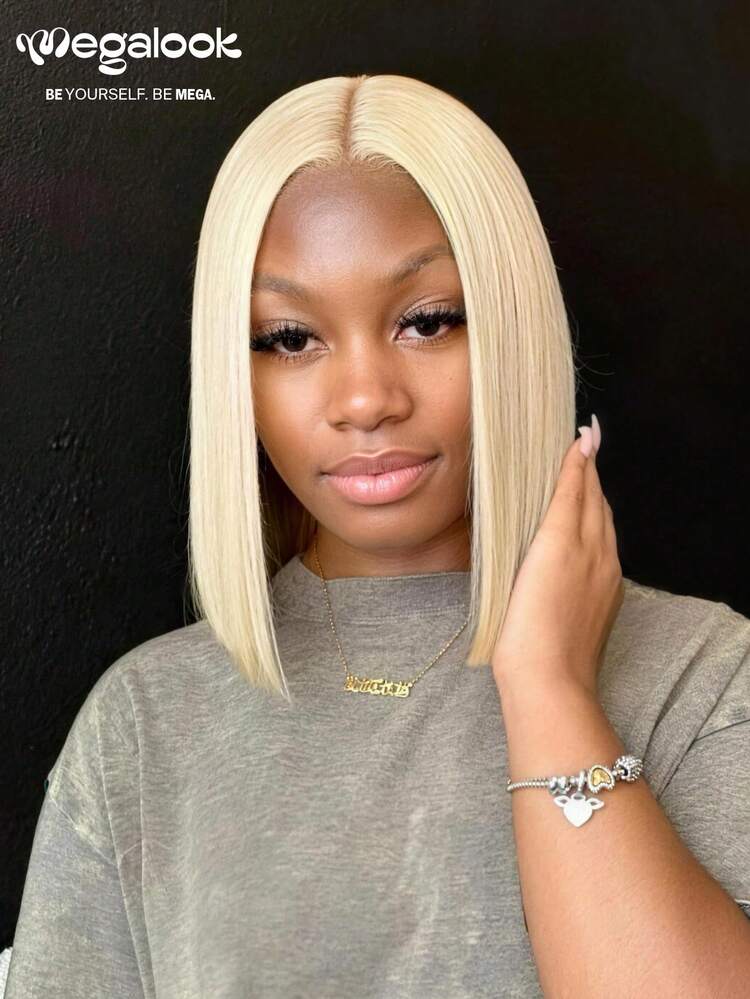 MEGALOOK #613 Blonde 6x5 Glueless Lace Bob Wig Silky Straight Transparent Lace 100% Human Hair Pre Cut Lace Plucked Bleached Knots Blonde Color Wig Can Be Dye 10-12 Inch Natural Looking Lightweight Cap All-Day - S613 - View 2