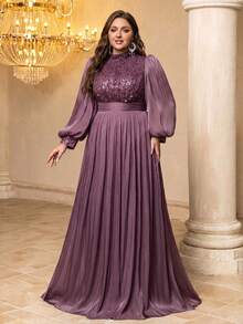 UNITHORSE Plus Women's Stand Collar Lantern Sleeve Sequins Patchwork Imitation Photocell Maxi Evening Dress Wedding Party - Purple - View 6