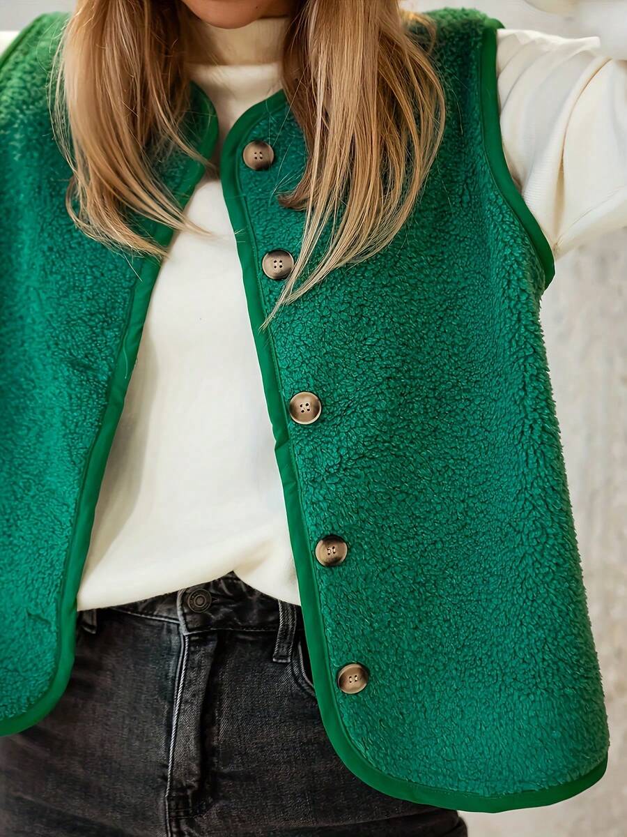 Solid Color Polka Dot Daily Home Wear Women's Faux Fur Vest - Loose Fit, Front Button, Sleeveless, Casual Wear Vest | Button Vest | Texture Vest Fall - Green - View 1