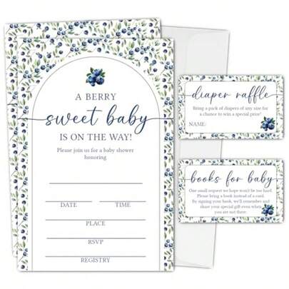 A Berry Sweet Baby Shower Invitations For Boys Girls 25 Sets Blueberry Baby Shower Party Invites With Envelopes Diaper Raffle Tickets Books Request Cards Gender Reveal Decorations-A12N