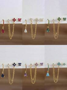 3pcs/Set, Single Ear Wear, 18K Gold Plated Copper Hoop Earrings And Stainless Steel Stud Earrings, Sparkling Butterfly Zirconia Flower Earrings, Women's Cartilage/Helix/Tragus Double Hole Chain Piercing Earrings, Girls Gift Jewelry - 3pcs Earrings Set - View 10