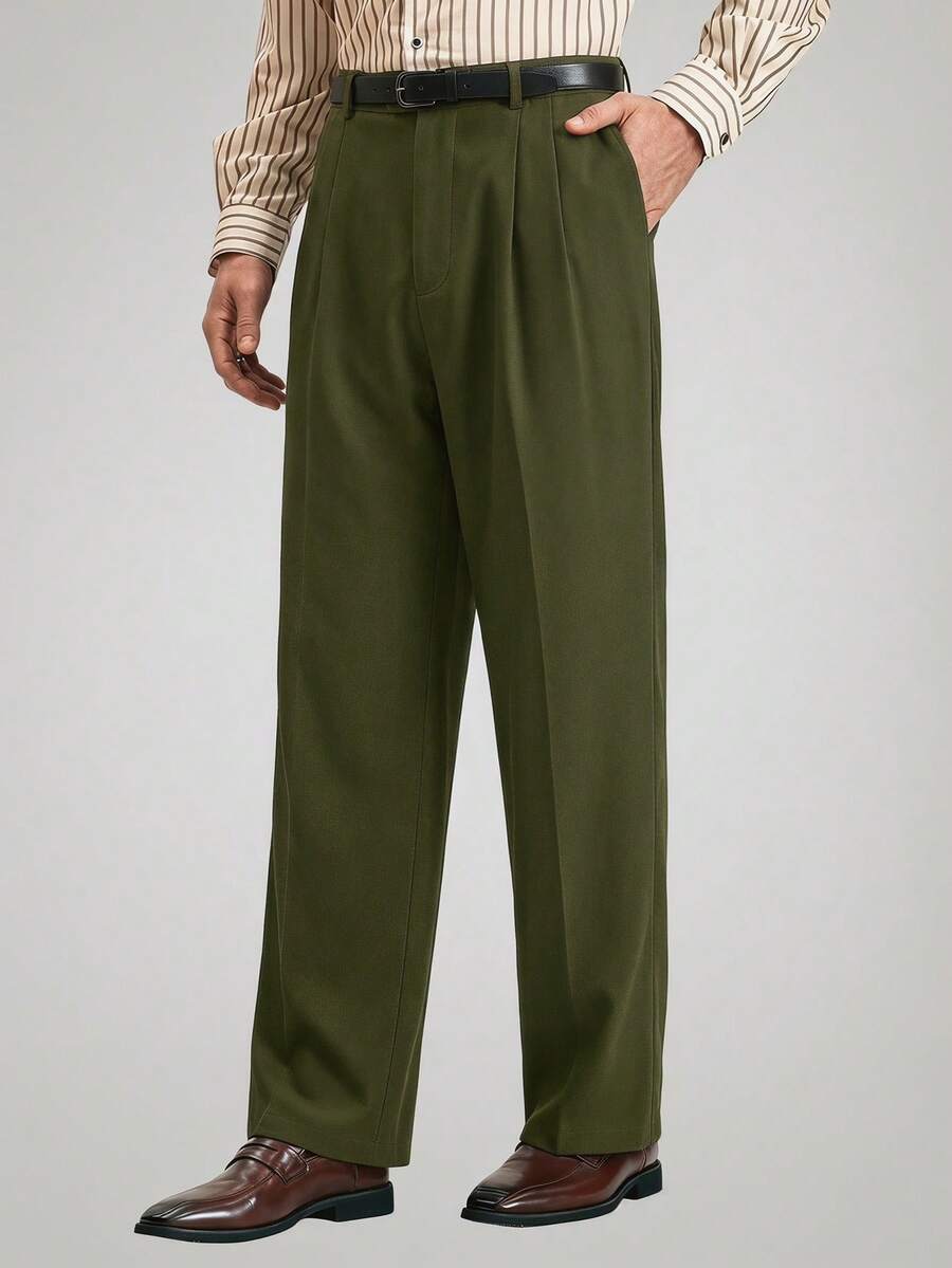 Officeau Pantalones de traje de hombre de corte  y delgado con pliegues de unicolor - Verde militar - Ver 1