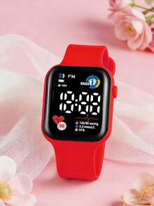 Juego de 6 piezas: Reloj digital LED cuadrado lindo para niñas combinado con pulsera de mariposa de perlas, collar, aretes y anillo, un regalo perfecto para niños. - Rojo - Ver 2