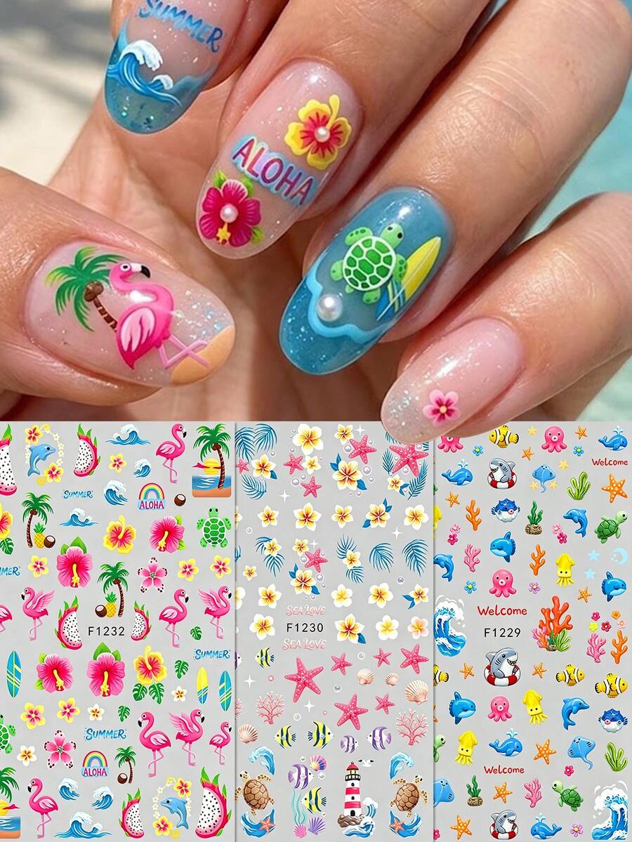 3 Sheets Tropical Flamingo Beach Ocean Nail Art Stickers, Colorful Summer 3D Self-Adhesive Nail Artist Supplies, Hawaiian Floral Turtle Cartoon Animal Music Festival Pool Party Island Vacation Nail Decorations