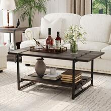 Hodeffior Industrial Coffee Table With 2 Tier Storage Shelf, Rustic Farmhouse Centre Table With Wood Slat Top And Metal Frame, Living Room Coffee Table For Lounge, Flat, Office Or Reception Area - Dark Oak - View 2