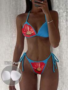 RNU Bright Sky Blue Base Vibrant Red Hibiscus Floral Print 2-Piece Bikini Set, High Elasticity Soft Knit Fabric, Triangle Cup With Padding, Built-In Padding Halter Neck Tie Top, Adjustable Halter Bow Design, Side Tie High Cut Triangle Bottom Swimsuit, Slimming And Flattering, Suitable For Tropical Island Vacation, Beach Pool Party, Beach Sunbathing, Pool Leisure Time, Hawaii Trip, Bachelorette Beach Party, Hot Spring Leisure, Summer Camping And Various Beach Water Activities, Versatile And Stylish Holiday Essential Swimwear - Multicolor - View 2