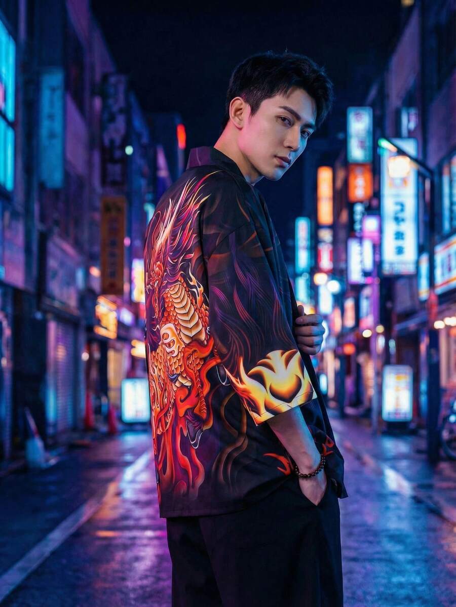Printed 3/4 Sleeve Robe, National Style Loose Sunscreen Cardigan, Men's Ancient-Style Japanese Kimono Jacket - Multicolor - View 1