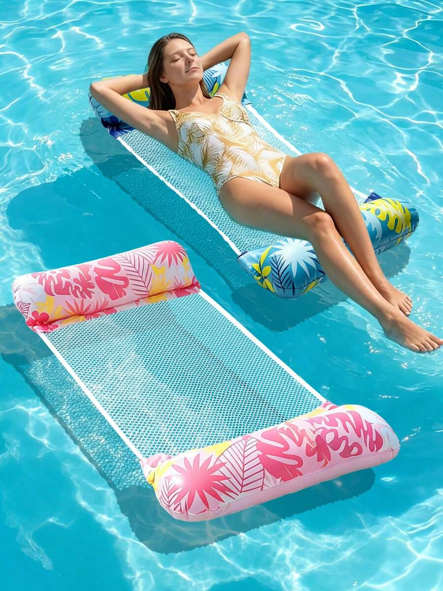 Inflatable Pool Floating Chair, Leaf Print Water Hammock Lounge Chair, Foldable Mesh Pool Floating Lounger, Adult Summer Swimming Pool Lake Beach Relaxation Floating Seat Water Toy - Multicolor - View 1