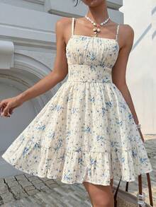 Vestido de playa de tirantes finos con volantes y estampado floral tipo Ditsy para mujer en temporada de verano NLCQ - Azul y blanco - Ver 1