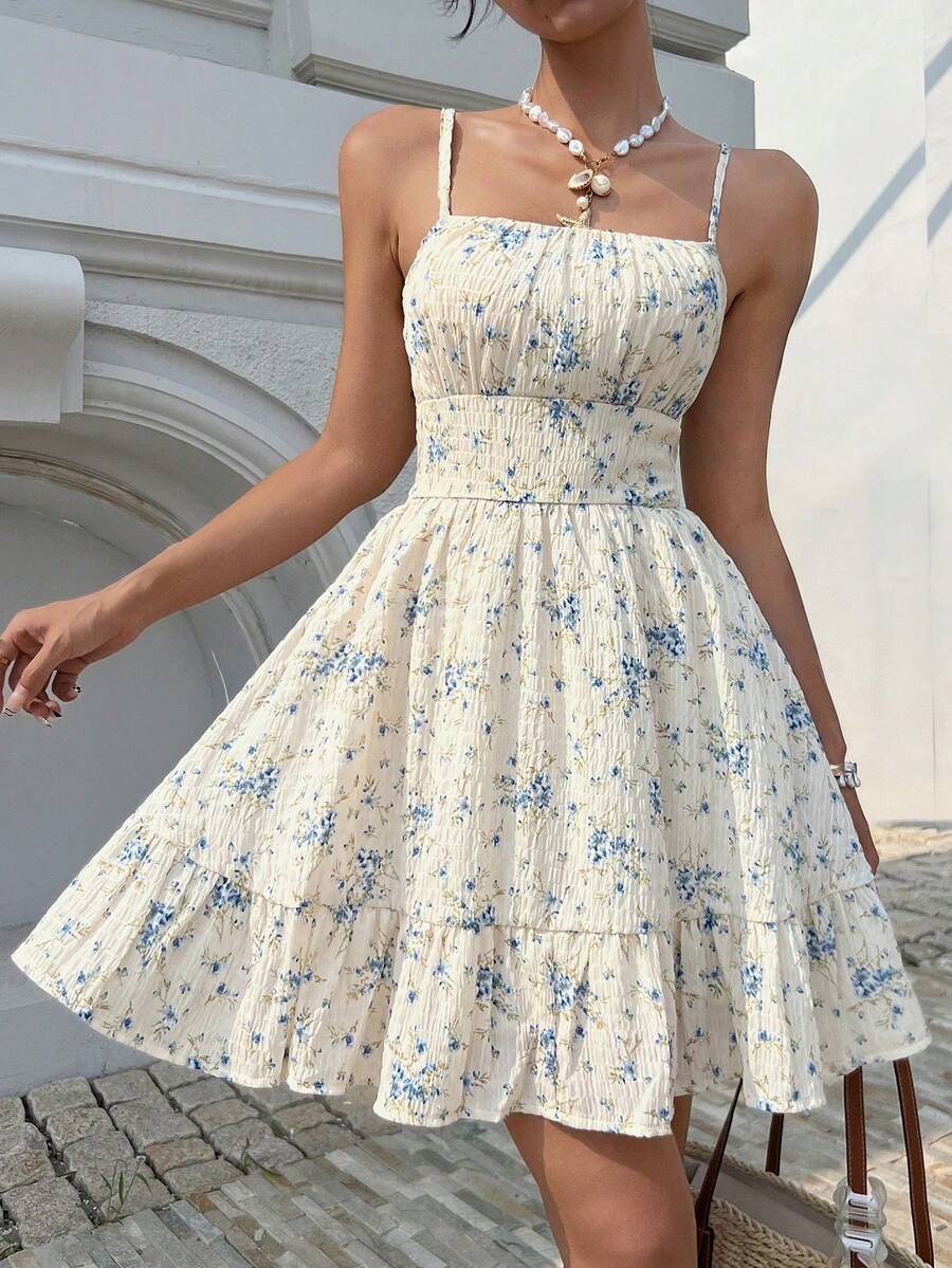 Vestido de playa de tirantes finos con volantes y estampado floral tipo Ditsy para mujer en temporada de verano NLCQ - Azul y blanco - Ver 1