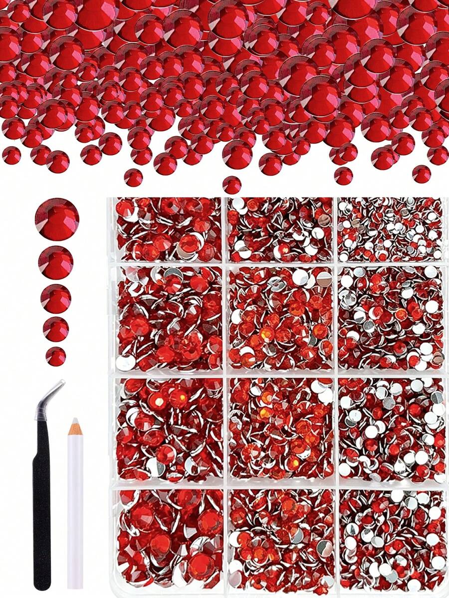 1盒紅色平底水鑽套組,2mm-6mm圓形暹羅紅水晶美甲水鑽,樹脂水鑽,附蠟筆與鑷子,適用情人節、婚禮、聖誕節,DIY美甲與手工裝飾美甲飾品 - 紅色 - 查看 1