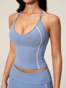 TimeOff Women's One Set Solid Color Adjustable Strap Camisole Tank Top And Wide Leg Mid-Length Shorts Sports Set - Blue - View 9