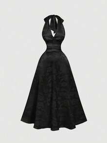 MOD Vestido de mujer con estampado de porcelana azul y blanco vintage, vestido largo de flores azules, vestidos de otoño, vestido de brunch, vestido de cue - Negro - Ver 1