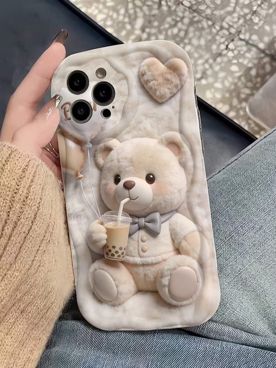 1個白色奶油花紋個性化奶茶絨毛熊設計手機殼，適用於 iPhone 16 Pro Max/17/16/15/14 Plus/13/12/11 保護殼 Air - 彩色 - 查看 1