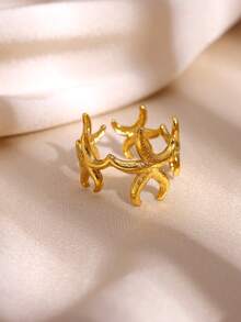 Fashionable Large C-Shaped Smiling Face Sun, Starfish And Coconut Tree Stainless Steel Ring, Gold Rust-Resistant Adjustable Finger Ring, Suitable For Women/Girlfriend/Best Friend, Summer Vacation Party Accessory, Exquisite Wedding Jewelry, Birthday Anniversary Gift - Multicolor - View 6