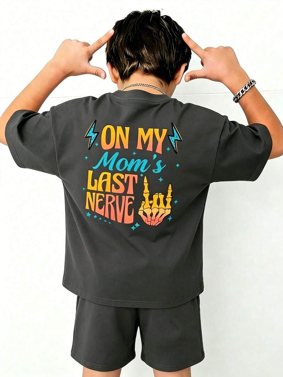 Youth Boy Cartoon Graphic Print Round Neck Short Sleeve T-Shirt And Shorts - Dark Grey - View 1