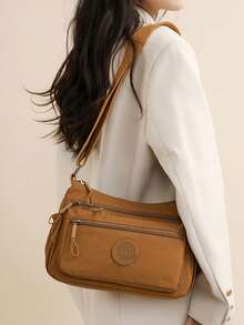 Casual Nylon Shoulder Bag With Adjustable Strap, Multi-Compartment Shoulder Bag, Solid Color, Zipper Closure, Polyester Lining, Lightweight Crossbody Bag Perfect For Daily Use - Orange - View 3