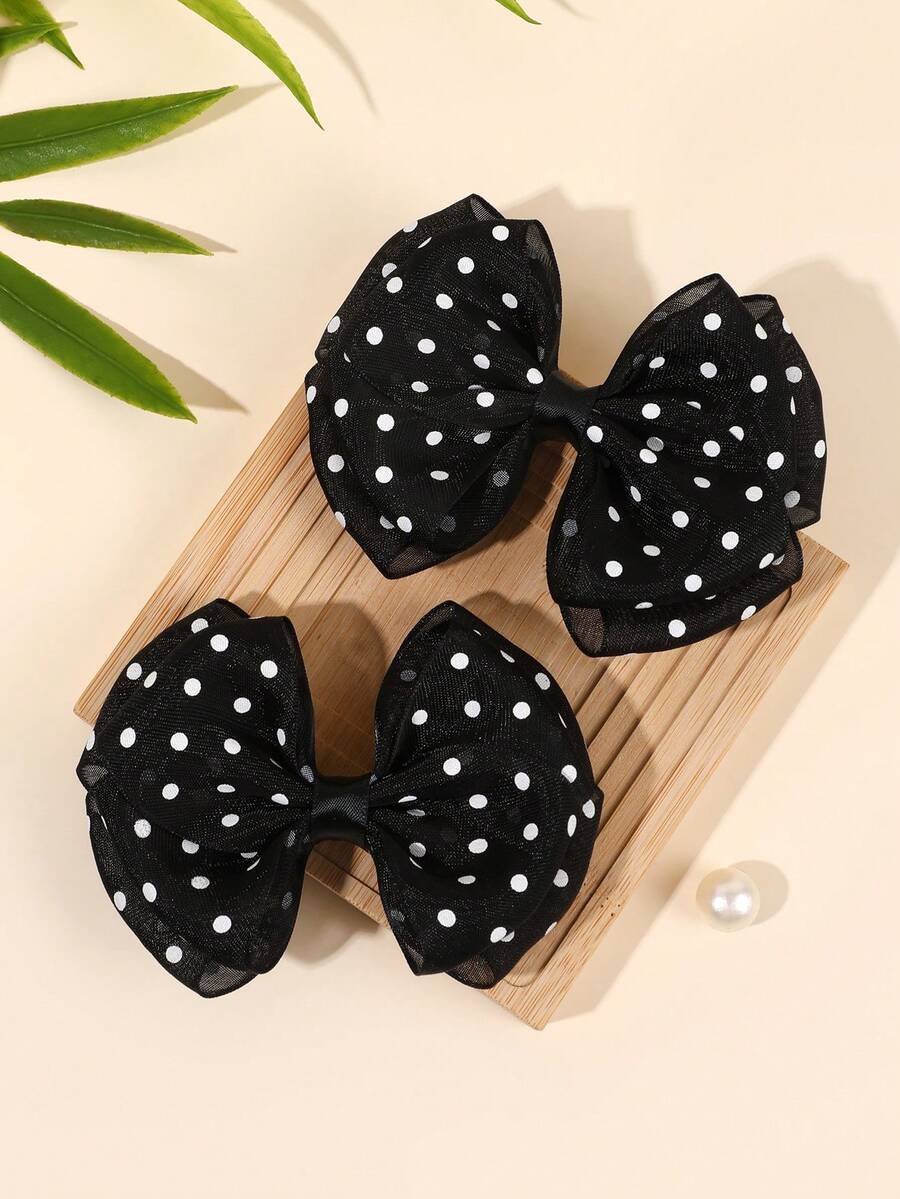2pcs Polka Dots Black Hair Bows For Girls French Vintage Alligator Clips Sweet Girls Daily Hair Clips Adorable Daily Hairpins Teens Hair Accessories - Black - View 1