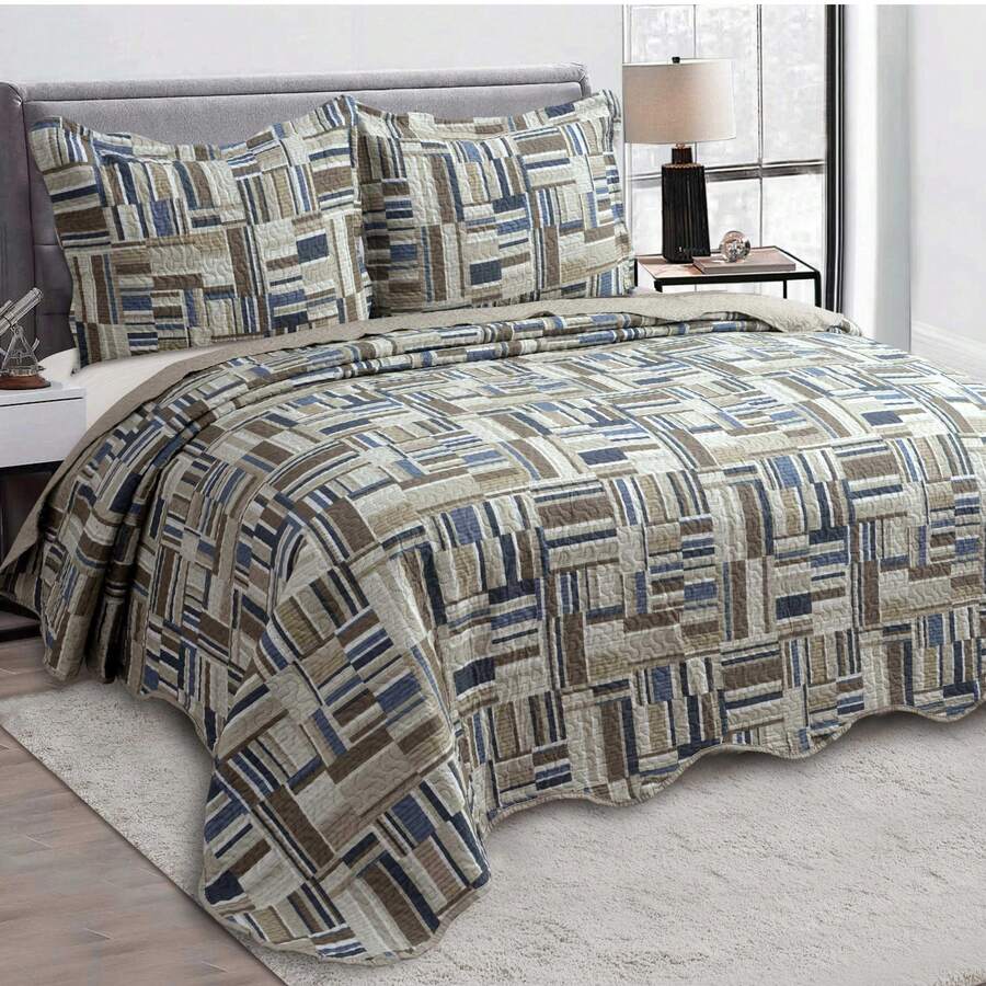 3-Piece Set: Double-Sided Queen Bedspread, Patchwork Quilt, Ultra Patch - 摩納哥 - 查看 1