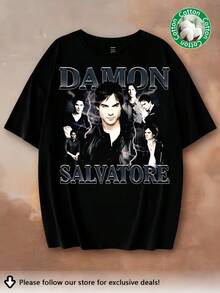 2026 Ny ankomst Damon Salvatore The Vampire Diariess Retro Bootleg TV-program Grafisk T-shirt Unisex Plus Size Vänlig Vampyr Drama Fan Merch Bomull Svart Kortärmad T-shirt - Svart - Visa 1