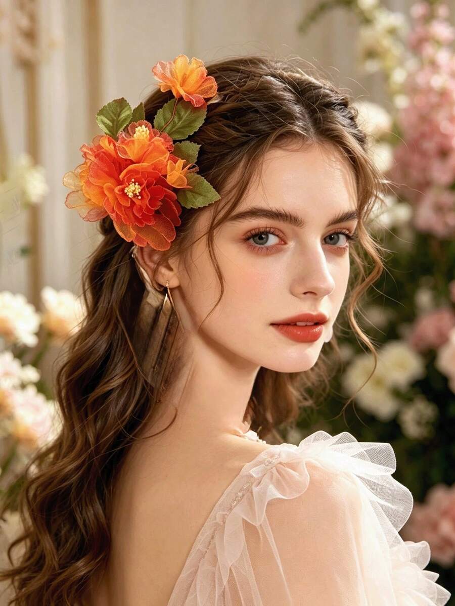 1pc Orange-Yellow Artificial Gauze Flower Hair Accessory, Handmade Pressed Flower Craft Hanfu Hair Clip, Versatile Style For Ancient Costume Photography/Wedding/Travel Photography - Orange - View 1