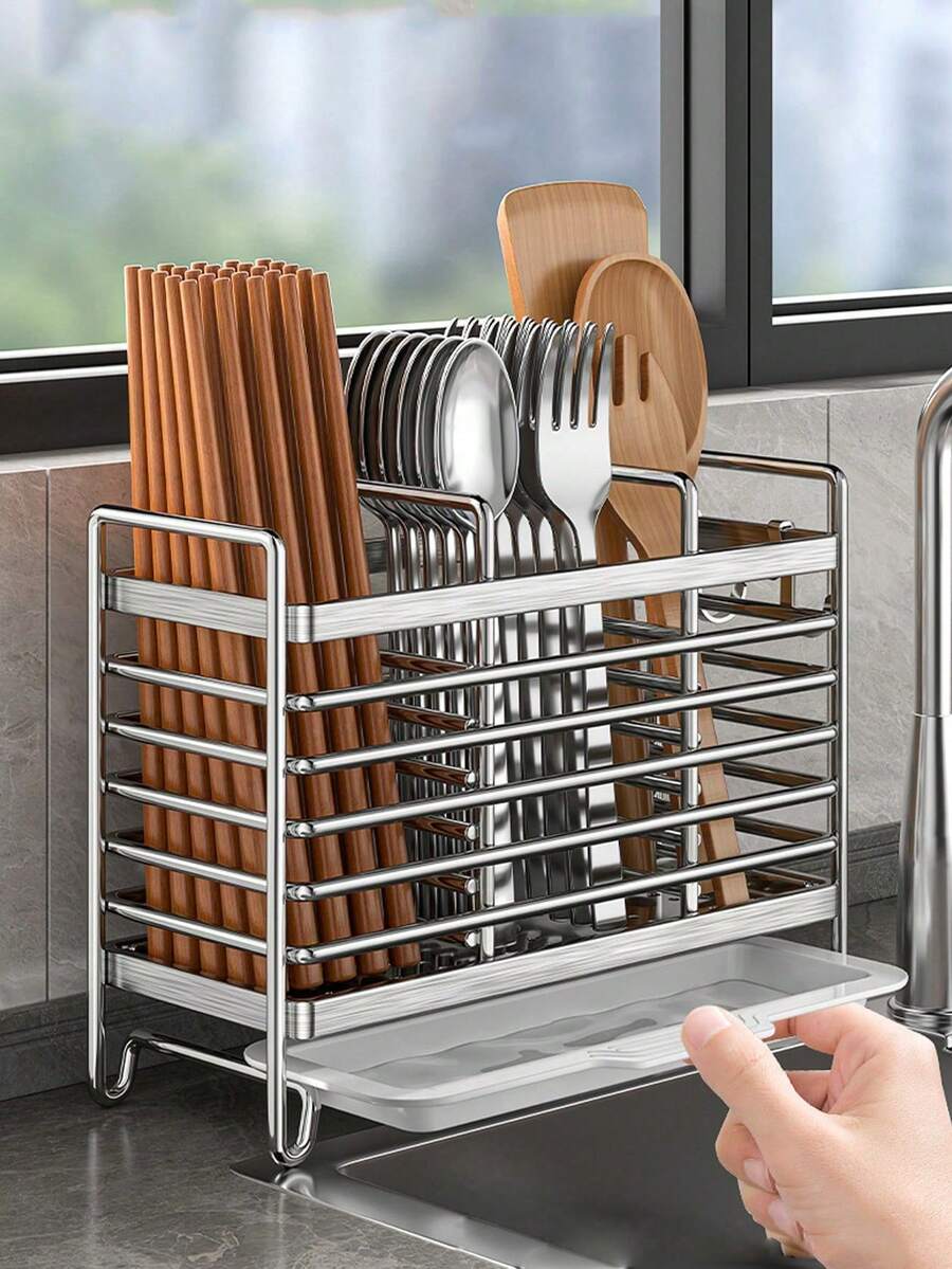 Stainless Steel Chinese Chopstick Holder - Wall-Mounted Kitchen Storage Rack With Utensil Storage Box, Space-Saving Countertop Or Wall-Mounted Installation, Rust-Resistant, Suitable For Home And Commercial Kitchens