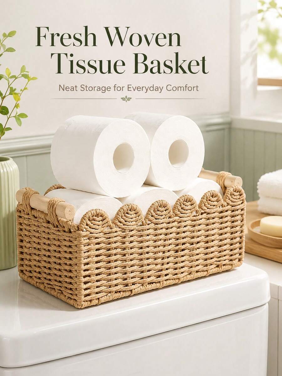 Sleek Woven Storage Basket With Scalloped Edges Heavy-Duty Toilet Paper Holder For Renters Elegant Towel Holder Ideal For Living Room Coffee Table To Hold Apples Neckalce Holder Decorative Desktop Box Bathroom Storage Home Organize Items