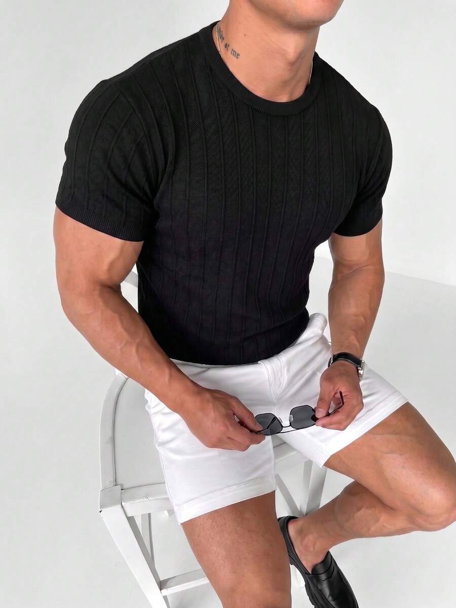 ZYNTH BALENO Herren Sommer Mode Rundhals Vertikal gestreifter Kurzarm Pullover, geeignet für Gym, Sport, Radfahren, Laufen Schwarz - Schwarz - Übersicht 1