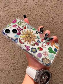 Sun God Pattern Sticker Bomb Print Phone Case, Bohemian Style Shockproof Protective Cover, Love And Summer Icon Collage For IPhone And Galaxy - Multicolor - View 2