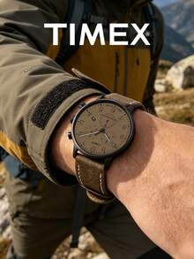 Timex Men's Vintage Chronograph Watch Beige Dial Triple Subdial Date Quartz Watches Suede Leather Strap Hiking Camping Outdoor Adventure Boyfriend Gift - 棕色 - 查看 3