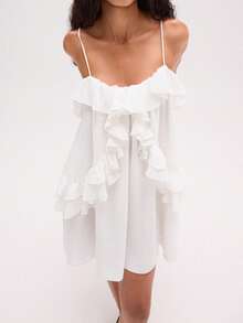 Summer Boho Flowy Ruffle Trim Cami Mini Dress Backless Loose Fit Casual Beach Vacation Short Dress For Wedding Party Graduation - 白色 - 查看 4
