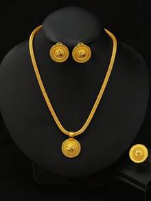 3pcs/Set Classic Minimalist Golden Color Swirl Pattern Jewelry Set, Single/Double Pendant, Earrings, Ring, Necklace Combination, Middle Eastern Daily Fashion Cute Women Girls Jewelry, African Arabic Birthday Party Gathering Wedding Engagement Holiday Accessories Gift - Yellow Gold - View 13