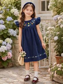Đầm hè màu xanh hải quân thêu jacquard cho bé gái, đầm tay ngắn dáng chữ A thêu hoa, kiểu dáng ngọt ngào cổ điển, thích hợp mặc hàng ngày, đi học hoặc đi chơi. - Màu xanh hải quân - Xem 5