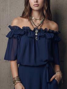 1 chiếc áo kiểu nữ màu trơn bằng vải chiffon tay phồng trễ vai với viền bèo nhún, thích hợp cho kỳ nghỉ, đi biển, hẹn hò buổi tối, mặc hàng ngày, mùa xuân/hè. - màu xanh da trời - Xem 7