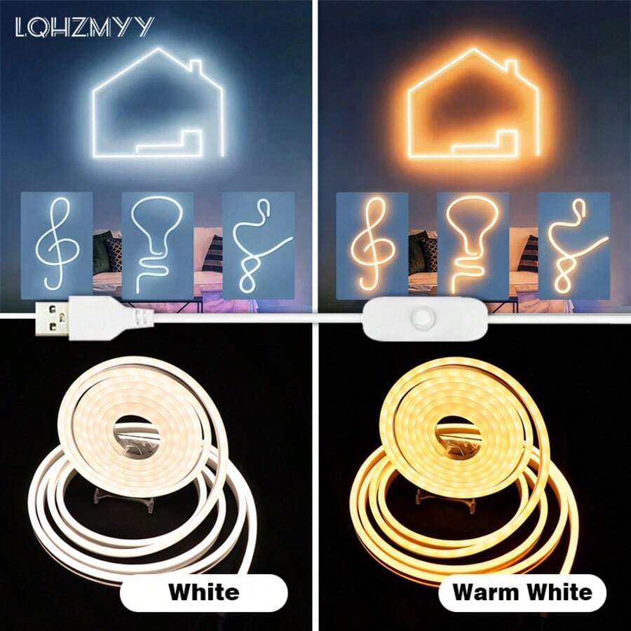 LQHZMYY 1件 低壓 5V LED 柔性霓虹燈條,附按鈕開關,白色/暖光,1m/2m/3m/4m/5m,適用於直播補光、臥室補光、櫥櫃、浴室鏡子、廚房、餐桌、鏡子、派對與驚喜氛圍 - 霓虹燈 - 查看 1