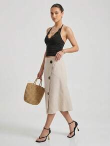 Fashionable Women's Mid-Length Asymmetric Skirt, Unique Button Front Design, Perfect For Casual Commuting Wear. Suitable For All Seasons - Apricot - View 6