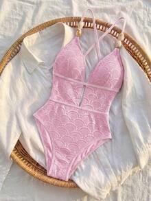 Bikinx Baju Renang Wanita Model One Piece Berbentuk Cangkang dengan Tekstur Berlubang, Leher V, dan Detail Manik-manik untuk Liburan Musim Panas di Pantai, Warna Pink - Berwarna merah muda - View 2