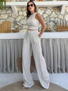 Women's Fitted Tank Top With Contrast Stitching Cropped Top And Wide Leg Pants 2 Pieces Set - Apricot - View 2