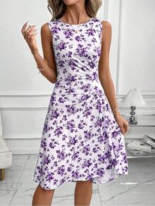Clasi Summer Elegant Office Lady Comfortable Round Neck Sleeveless Ruched Waist Fitted Dress Women,Summer Dresses Women - 紫色 - 查看 6