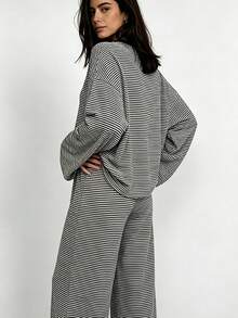 Women's Striped Loungewear Set, Round Neck Long Sleeve Loose Top + Wide Leg Pants, Soft Casual Pajamas For Daily Wear - Black - View 2
