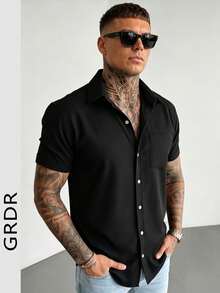 GRDR Men's Fashionable Solid Color Short Sleeve Shirt | Exquisite Design | Summer Essential | Easy To Match | Showcase Your Style - Black - View 2