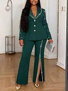 Luxury Plus Size Green 2 Pieces Set, Pearl Embellished Blazer, Long Sleeve, Slit Wide Leg Pants, Elegant Business Office, Formal Occasion, Autumn Outfit - Dark Green - View 2