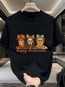 Camiseta para Hombre, Diseño Combinado de Personaje de Terror de Halloween, clothes, Camiseta de Manga Corta, Cuello Redondo, Sudadera para Hombre, Adecuada para Estilo de Moda Urbana - Negro - Ver 1
