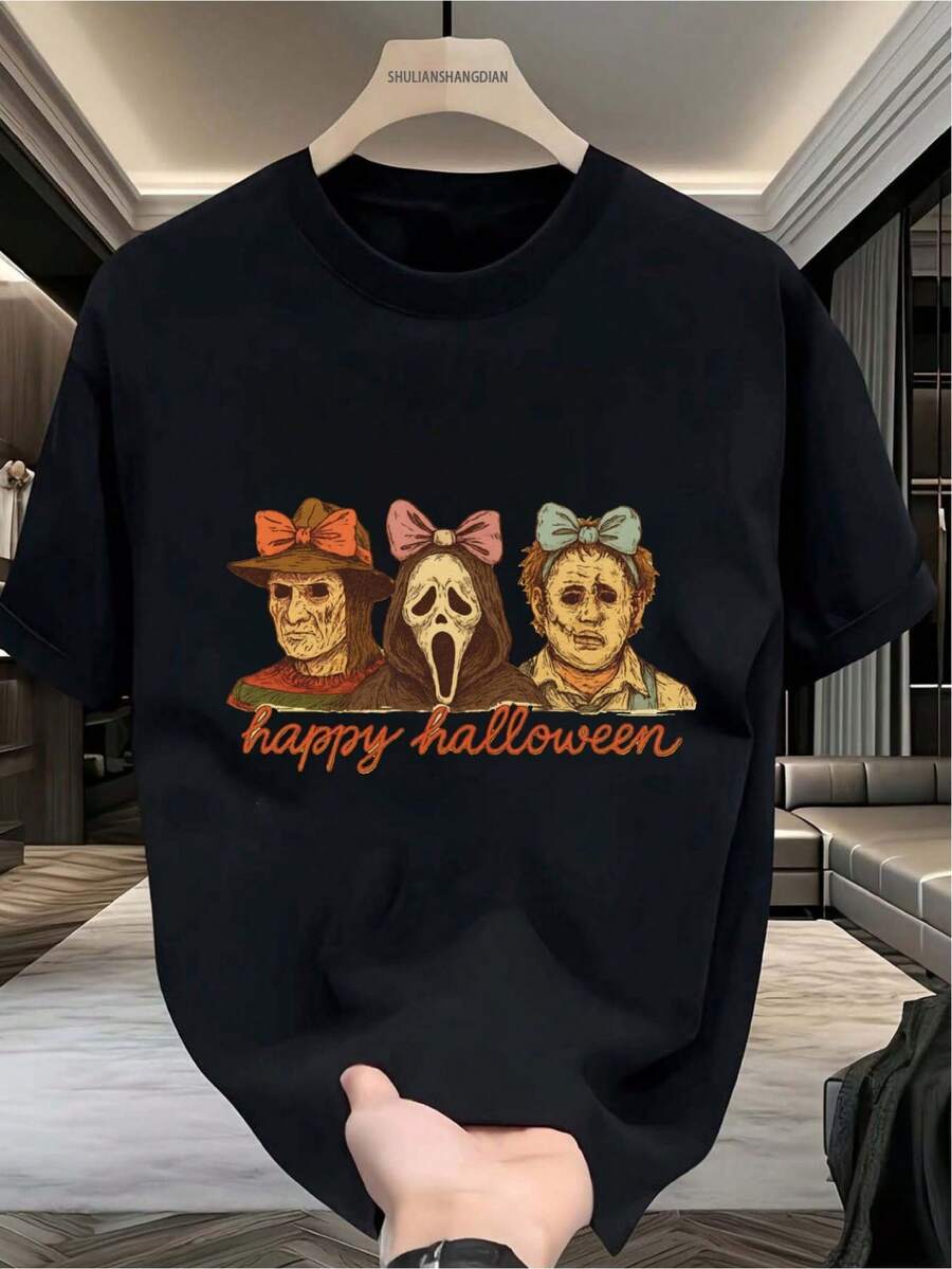 Camiseta para Hombre, Diseño Combinado de Personaje de Terror de Halloween, clothes, Camiseta de Manga Corta, Cuello Redondo, Sudadera para Hombre, Adecuada para Estilo de Moda Urbana - Negro - Ver 1