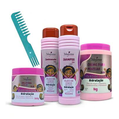 Kit Kids Uso Diario Infantil Hidratação Óleo de Coco ou Morango Maycrene + 01 Pente de Cachos